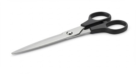 Obraz premium Sharp metal scissors lie neatly against bright white background. AI Generated