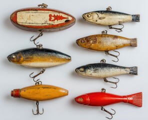 Vintage wooden fishing lures, various shapes and colors, displayed on a white background