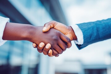 Close-up handshake of two people in business attire, outdoors