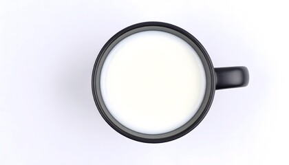 A bold, graphic top-down view of a black mug of milk on a clean white background. This minimalist and abstract flat lay is a perfect icon for dairy, wellness, or design concepts.