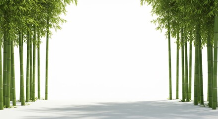 Obraz premium Serene bamboo grove path softly lit by sunlight creates peaceful zen aesthetic. AI Generated