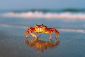 Bright orange crab stands on wet sand, reflecting ocean waves un