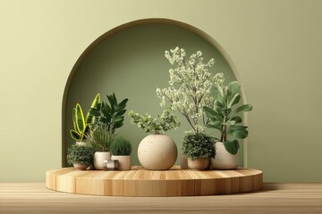 Decorative indoor plants arranged on a wooden podium in a minimalist setting