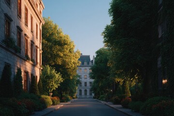 Charming street lined with lush trees, leading to elegant archit