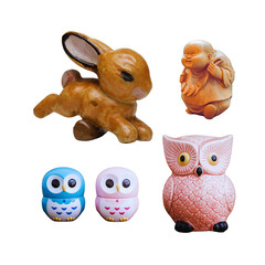 Collection of cute animal figurines including a rabbit owl and monkey