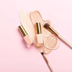 Makeup foundation swatches and brushes on a pink background