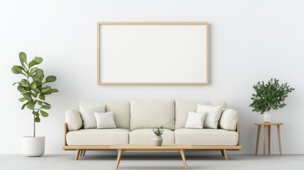 Fototapeta premium Modern living room with white couch decorative pillows indoor plant and framed poster on white wall