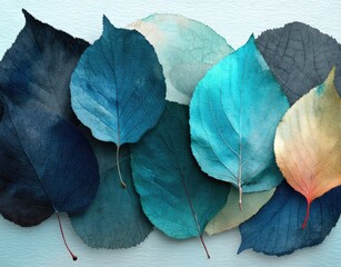 Colorful leaves in various shades of blue, teal, and beige, layered on a light blue background