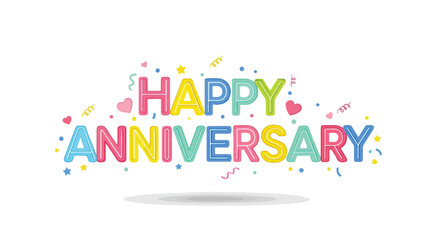Festive Happy Anniversary Celebration with Colorful Lettering and Confetti Background Design
