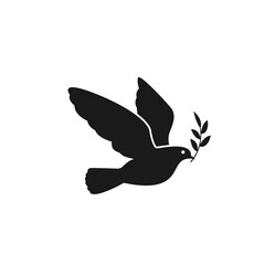 Silhouette of a dove flying with an olive branch in its beak