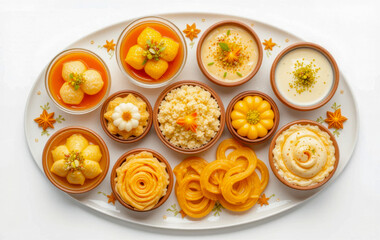 A vibrant overhead shot showcases a variety of colorful Indian sweets beautifully arranged on a decorated oval platter, ideal for festive occasions.