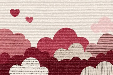 A textured,  muted pink and red landscape with heart-shaped clouds