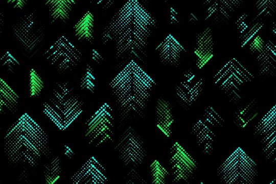 Abstract green and teal arrows on a black background in a geometric pattern