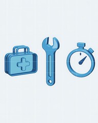 Fast Medical Repair Service: Blue 3D Icons, Wrench, First Aid Kit, Stopwatch