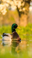 Mallard duck on water, spring blossoms