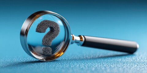 Magnifying glass highlighting a question mark on a reflective blue surface