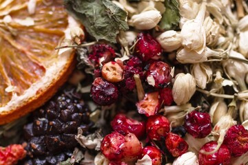 Aromatic Herbal Tea Blend Dried Fruit, Berries, and Flowers for Tea, Wellness and Relaxation.