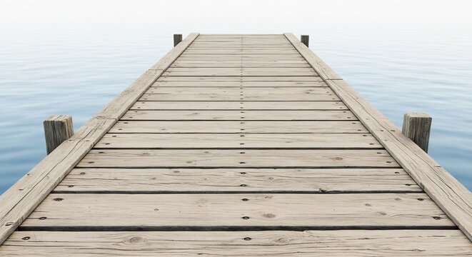 Serene wooden dock extends into calm misty water. AI Generated