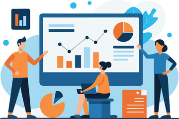 Team Analyzing Data and Charts on a Large Screen Displaying Business Analytics