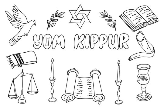 Yom Kippur themed black and white vector illustration with traditional Jewish symbols and lettering. Religious concept of atonement, peace, and reflection in Jewish high holy days
