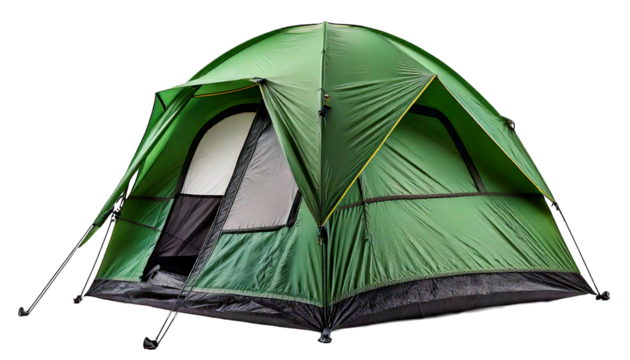 A green and grey camping tent, isolated on white background  - Powered by Adobe