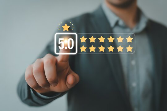 Businessman Selecting Five Star Rating: Positive Feedback, Excellent Service, High Customer Satisfaction.