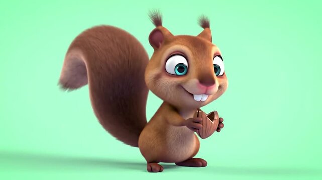 Animated squirrel character holding a nut on a solid pastel background