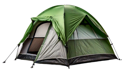 A green and grey camping tent, isolated on white background 