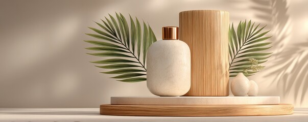 Minimalist display with cosmetic bottles and palm leaves in serene setting
