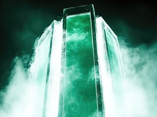 Ice obelisk structure, teal-green interior, smoky backdrop