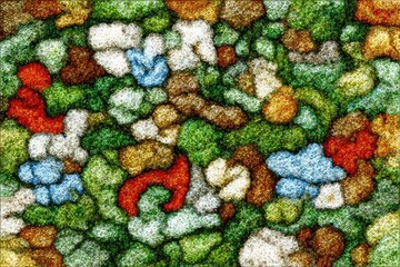 Abstract mosaic pattern of colorful, textured shapes