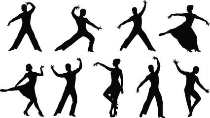Silhouettes of male and female dancers in ballet and flamenco poses, elegant dance movements, performing arts, expressive dance forms.
