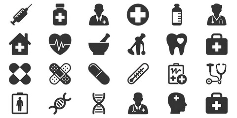 Healthcare Icon Set: Modern, Monochrome Medical Symbols for Website and App Design.