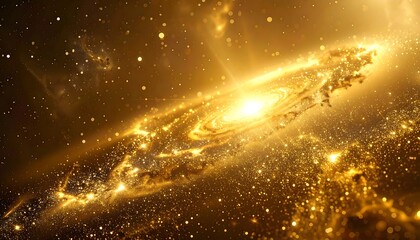 Naklejka premium A glowing golden spiral galaxy bursts with radiant energy, surrounded by shimmering dust and stardust in the infinite cosmos