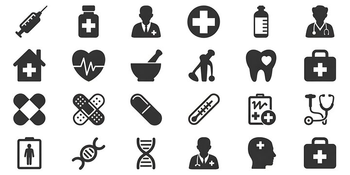 Healthcare Icon Set: Modern, Monochrome Medical Symbols for Website and App Design.