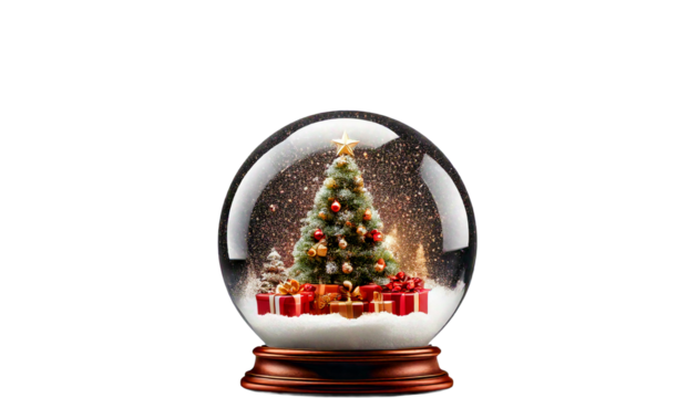  Ai generated image of a festive christmas snow globe with a decorated tree and gifts isolate 