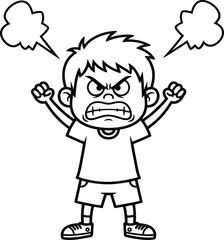 Angry child illustration, cartoon emotion, shouting boy, raised fists, steam head, frustration, black and white, expressive face, emotional drawing, tantrum