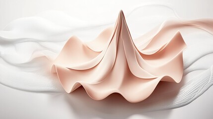 Abstract, light peach-toned, sculpted form rests on flowing, translucent white fabric