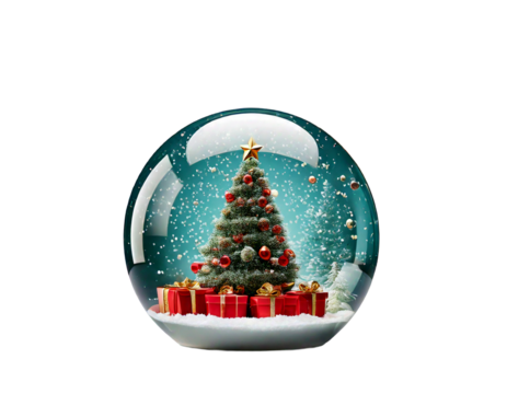  Ai generated image of a festive christmas snow globe with a decorated tree and gifts isolate 
