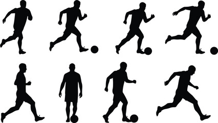Silhouettes of man playing soccer, running with ball, kicking and dribbling, male athlete in motion, football player vector illustration