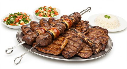 Grilled meats platter boasts juicy steaks skewers vibrant salad rice side dishes. AI Generated