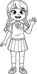 Cartoon schoolgirl illustration, waving pose, braided hair, smiling child, school uniform drawing, educational character, friendly student, kids content artwork