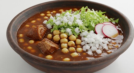 Hearty Spicy Posole Stew Garnished Fresh Brightly Lit. AI Generated