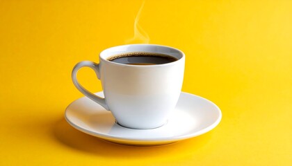 Hot coffee in white cup on yellow background