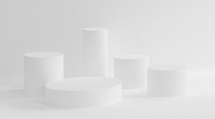 Five white cylindrical podiums on a white background