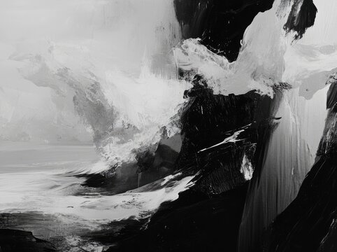 Abstract grayscale landscape, layered brushstrokes of black and white - Powered by Adobe