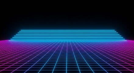 Retro Synthwave Neon Grid Background with Glowing Blue Steps and Cyberpunk Gradient