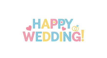 Colorful celebratory greeting design for weddings featuring hearts and a ring icon on white background