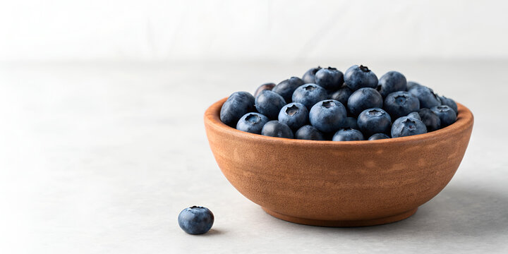 Clay bowl filled with fresh blueberries styled on neutral background in natural eco food design - Powered by Adobe