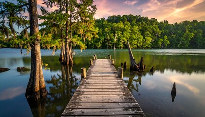 Serene wooden dock at sunrise on tranquil lake
